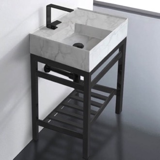 Console Bathroom Sink Modern Marble Design Ceramic Console Sink and Matte Black Base, 24